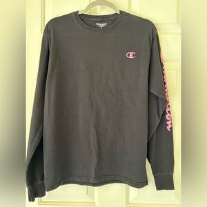 Champion Black long sleeve tee w pink writing Size Med
